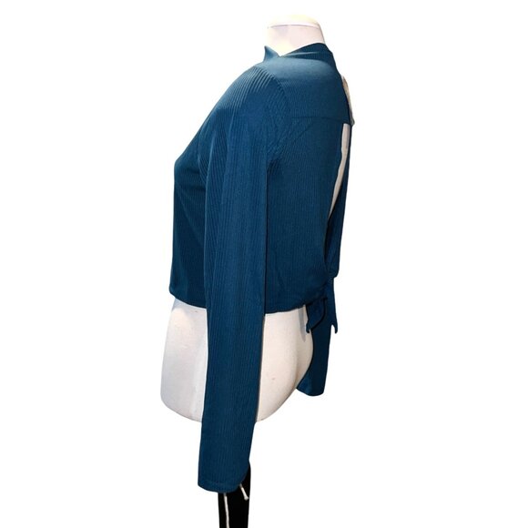 Band of the Free Open Back Ribbed High Neck Blouse Sz Medium Long Sleeve Teal - Picture 7 of 7